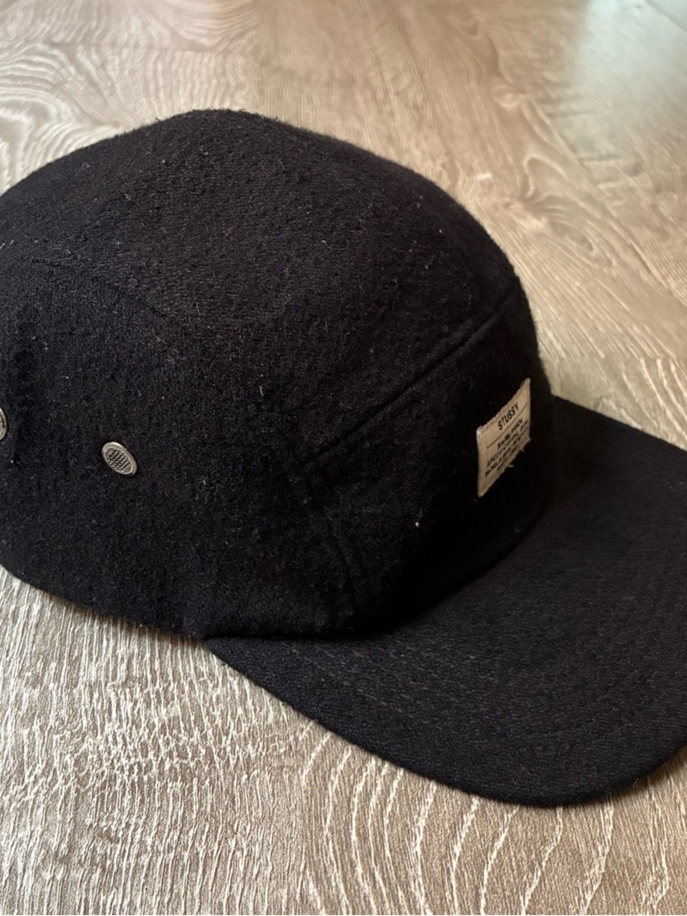 Stussy Black Wool 5 Panel Camp Cap Leather Strap Hat
